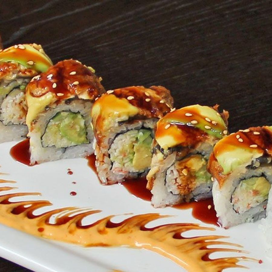 Dragon roll topped with roasted eel and avocado